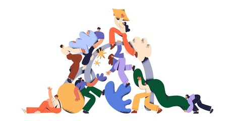 Creative team creating new, building abstract structure, working under corporate project. Business and creativity process, teamwork concept. Flat vector illustration isolated on white background