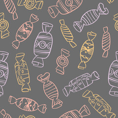 Seamless pattern with hand drawn sweets on gray background. Outline doodle candies in wrappers. Vector illustration.