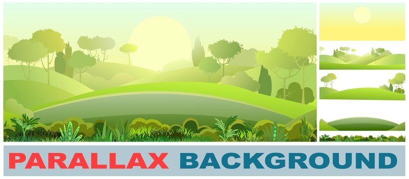 Rural beautiful landscape. Cartoon style. Set parallax effect. Sunset Hills with grass and forest trees. Cool romantic beauty. Flat design illustration. Vector