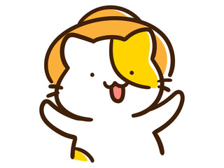麦わら帽子を被ったかわいいねこのデフォルメ手書きイラスト