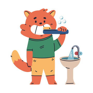 Baby cat brushing teeth vector cartoon hygiene concept illustration isolated on a white background.