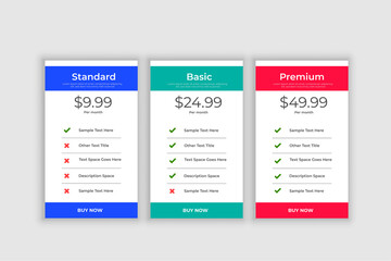 Price table comparison template with basic to premium option
