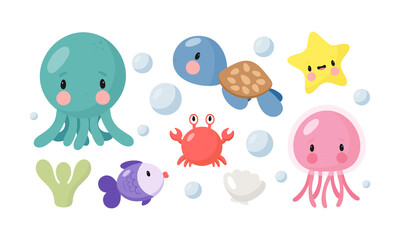 Cartoon sea characters. Cute octopus, jellyfish, sea turtle, starfish, fish, crab. Good for baby shower invitations, birthday cards, stickers, prints etc.