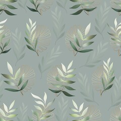 Leaves and branches vector seamless pattern. Olive brush leaves and twigs