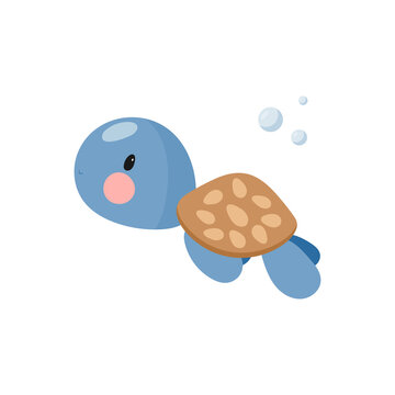 Cute Sea turtle. Cartoon style. Vector illustration. For card, posters, banners, books, printing on the pack, printing on clothes, fabric, wallpaper, textile or dishes.