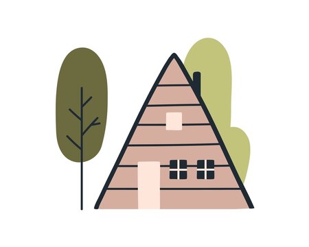 A-frame house among trees in nature. Cute triangle-shaped wood cabin in Scandinavian style. Nordic summer holiday home. Scandi colored flat vector illustration isolated on white background