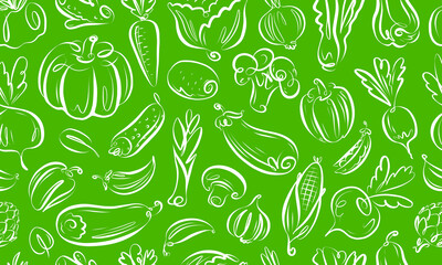 Seamless pattern on theme of vegetables and healthy food. Farm organic concept. Background vector illustration