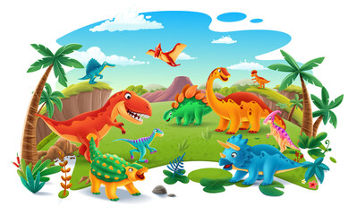 illustration with dinosaurs scenery with jurassic jungle vector cartoon - 507981581
