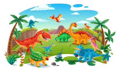 Crédence de cuisine en verre imprimé Chambre denfants illustration avec décor de dinosaures avec dessin animé de vecteur de jungle jurassique
