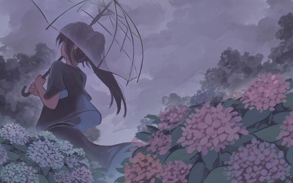梅雨に紫陽花と傘をさす女の人