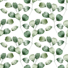 Watercolor botanical seamless pattern – Eucalyptus, Green branches, Leaves, Foliage, Plant. For textile, fabric, print, wrapping, wallpaper, background.