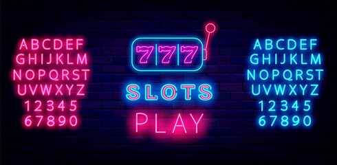 Slots play neon sign with jackpot icon. Shiny blue and pink alphabet. Winner concept. Vector stock illustration