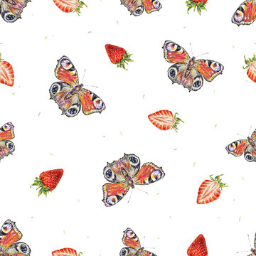 Peacock butterflies and strawberry on a white background. Watercolor drawing. Insects art. Handwork. Seamless pattern for design.