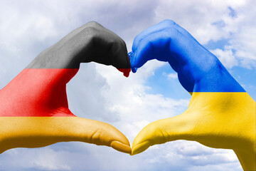 Support for Ukraine by Germany, a heart made of flags of countries against the sky
