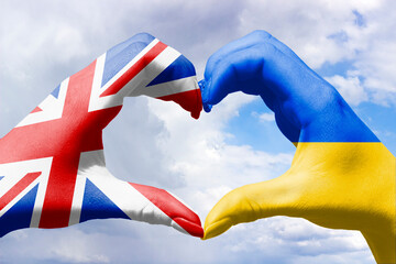 Support for Ukraine by Britain, Great Britain, a heart from the flags of countries against the sky