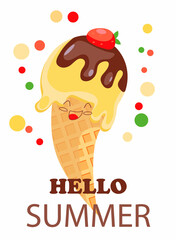Summer postcard with cheerful ice cream in a waffle cone with shakolad glaze and strawberries in jewelry. Hello summer. Design for content.