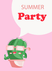 A summer postcard with a pink background, and a bright and cheerful cactus, with thoughts of a summer party.