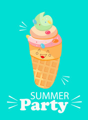 Summer card for your party with fun ice cream and beautiful emotions. Design of a summer postcard.