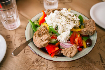 Cretan salad with mizithra and breadcrumbs - obrazy, fototapety, plakaty