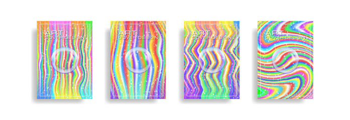 Vector set of gradient bright abstract wavy multicolor covers. Art design. Transparent bubble, radiant stars and frame