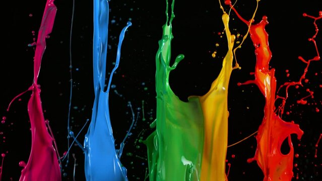 Colorful Paint Splashes in Super Slow Motion Isolated on Black Background, 1000fps.