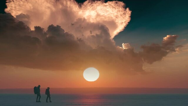 The two polar expeditors walking on the beautiful sunset sky background