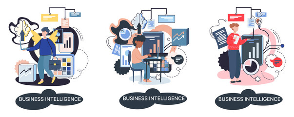 Fototapeta premium Business intelligence, data analysis, obtaining analytical information for making strategic business decisions. Problem solving to get results, management tools, enterprise strategy development