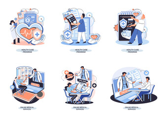 Health care program metaphor, online medical services, protection medicine. Medical insurance, hospital services, preventive check up, sick leave certificate treatment diagnosis patients, telemedicine
