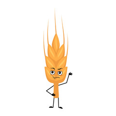 Cute ear of wheat character with emotions of hero, brave face, arms and leg. Healthy cereal with courage expression and posture, vitamin rich food. Vector flat illustration