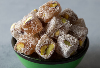 Traditional pistachio Turkish delight in a plate
