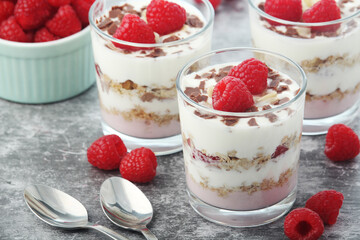 Granola with yogurt trifles with raspberry