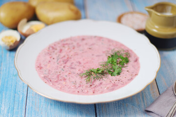 A plate with cold beetroot soup - national dish of Baltic region