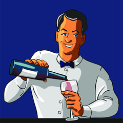 a male bartender, waiter, in a white shirt and bow tie pours wine from a bottle into a glass
