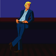 A blond guy in a classic suit leaned on the bar with a glass in his hand