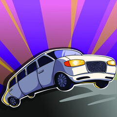 a white limousine rides in the rays