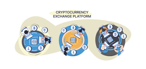 Cryptocurrency exchange and blockchain. Bitcoin mining, Ethereum exchange platform to trade digital money metaphor, investment technology. Online money market, finance trading. Ecurrency transactions