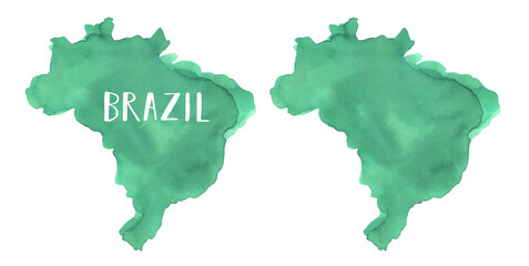 Watercolour drawing of Brazil Map in emerald green color. Blank one variation and with text lettering. Hand painted illustration on white, cut out clip art elements for design, card, banner, poster.