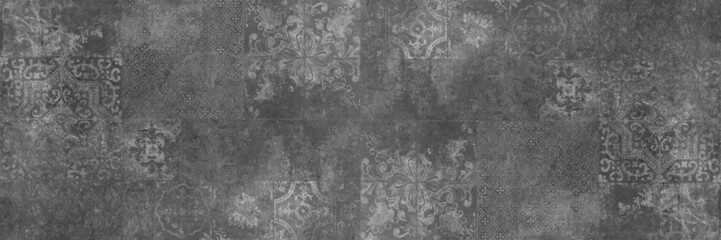 Old gray grey vintage worn geometric arabesque shabby mosaic ornate patchwork motif porcelain stoneware tiles stone concrete cement wall texture background banner panorama