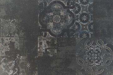 Old black anthracite gray grey vintage worn geometric arabesque shabby mosaic ornate patchwork...