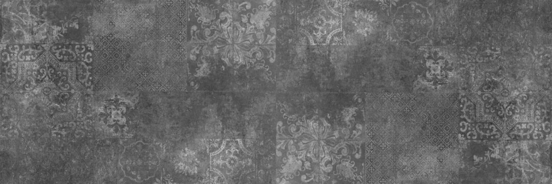 Old gray grey vintage worn geometric arabesque shabby mosaic ornate patchwork motif porcelain stoneware tiles stone concrete cement wall texture background banner panorama