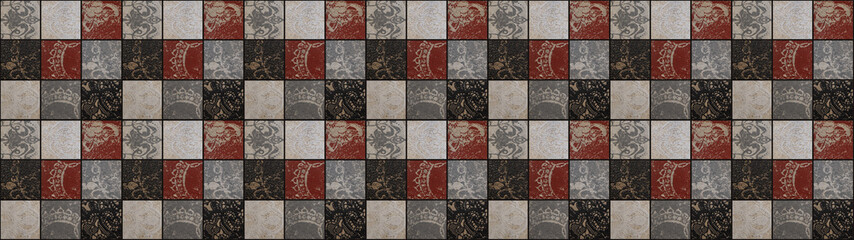 Old gray red vintage worn shabby mosaic ornate patchwork motif porcelain stoneware tiles, with lace...