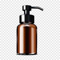 Blank dark brown clear glass or plastic cosmetic bottle with pump dispenser black cap on transparent background realistic mockup. Beauty product container vector mock-up. Template for design