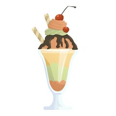 Vector illustration of ice cream in glass cup. Ice cream with chocolate and fruits. Idea for a poster, postcard, t-shirt. Healthy food for takeout, bar or restaurant menu. Cartoon style. Summer vibe