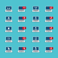 Malware content icon set. Alert notification on laptop computer , malware concept, spam data, online scam, virus , vector illustration.