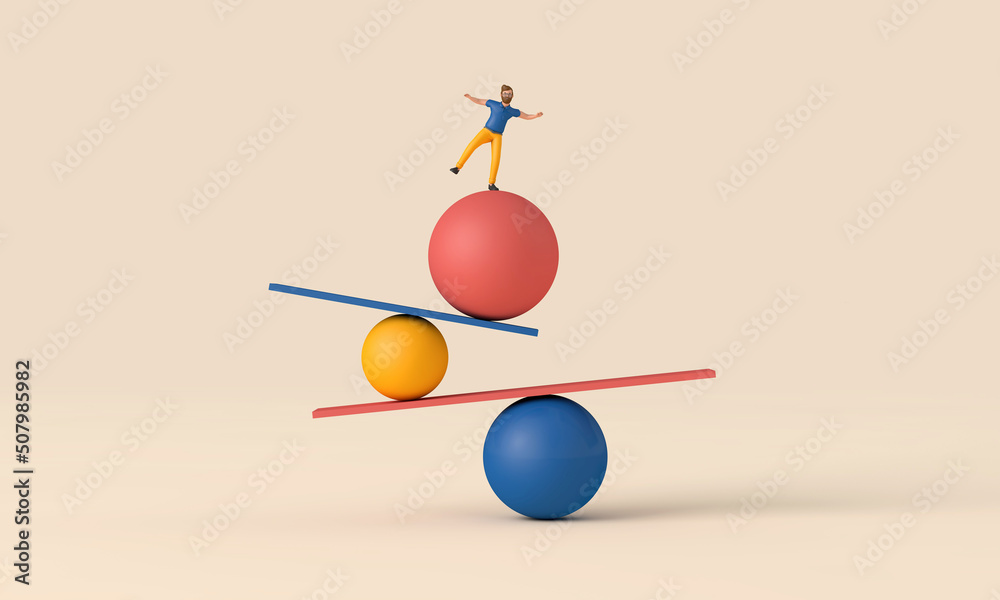 Fototapete a male character balancing on unstable shapes. 3d rendering