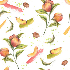 Seamless watercolor pattern with juicy peaches, slices of peach, leaves, colorful strokes and splashes on white background. Botanical design with useful fruits for fabrics, textile, wallpaper.