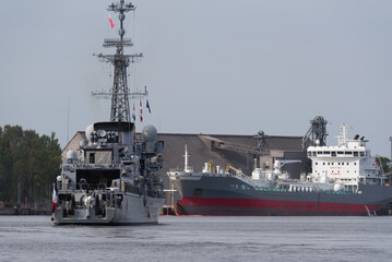 WARSHIP - A modern French Navy frigate sails to the port