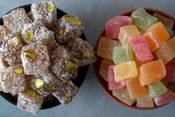 Traditional Turkish delight in two bowls , directly above

