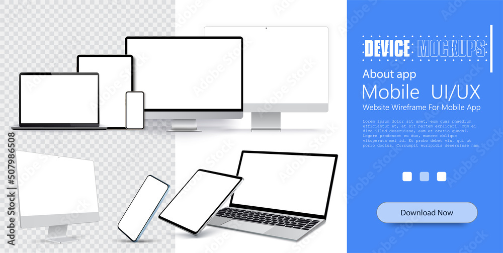 Poster mock-ups gadgets collection smartphone,pc, tablet, laptop, blank screen for your design. side and to