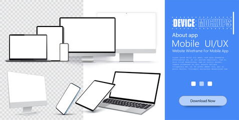 Mock-ups gadgets collection Smartphone,Pc, Tablet, Laptop, blank screen for your design. Side and top, isometric view. Mockup generic device. Isolated on white background. Vector illstration